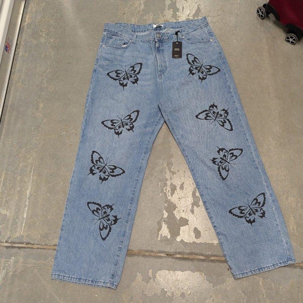 Y2K Butterfly Wide Leg Jeans Forever 21 High Rise Light Wash NWT‎ Size 14
